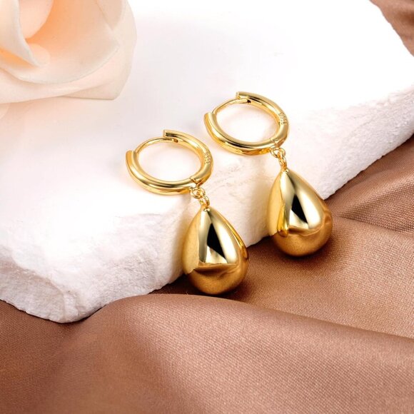 14K Gold Hypoallergenic Teardrop Drop Dangle Leverback Trendy Earrings for Women - Picture 8 of 8